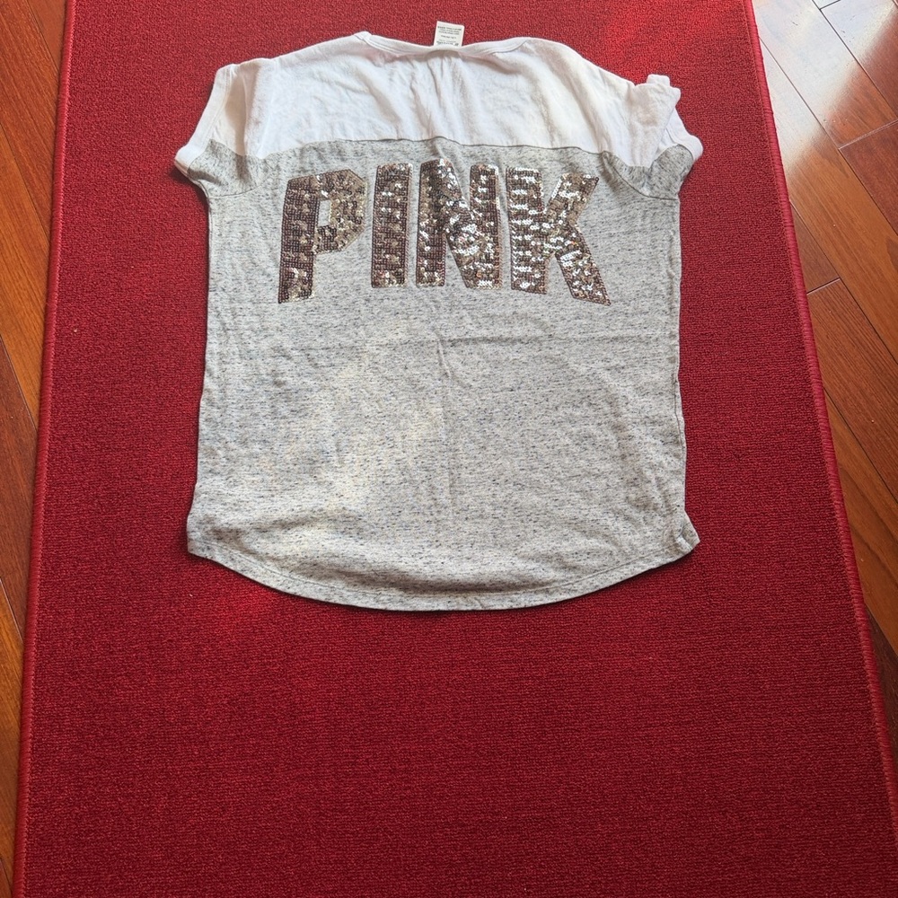 PINK Victoria's Secret White & Heather Gray Sequin Logo Short Sleeve Tee